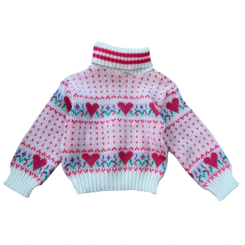 Vintage Baby Fair Heart Floral Fair Isle Turtleneck Sweater 18 Months Pink White
